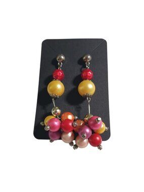 Beaded Dangle Earring Yellow Red Pink Cluster Silver Tone Drop Earrings Tropical